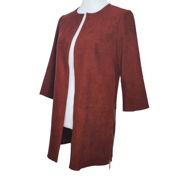 Chicos Jacket Topper Size 0 Small Faux Suede 3/4 Sleeves Zip Side Rich Mahogany - Picture 1 of 8